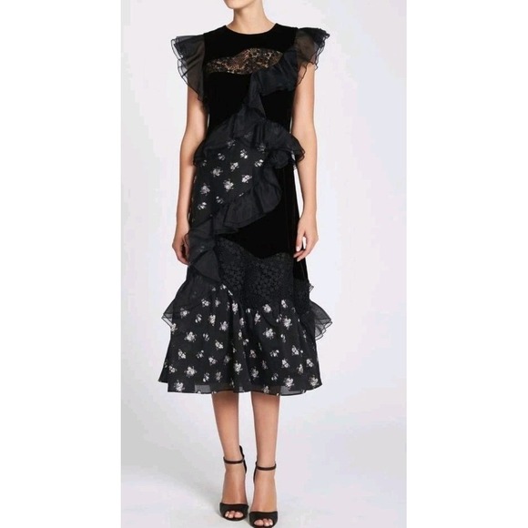 Rebecca‎ Taylor Midi Dress Black Ruffle Jacquard Velvet Floral SZ 10 Retail $730 - Picture 3 of 15